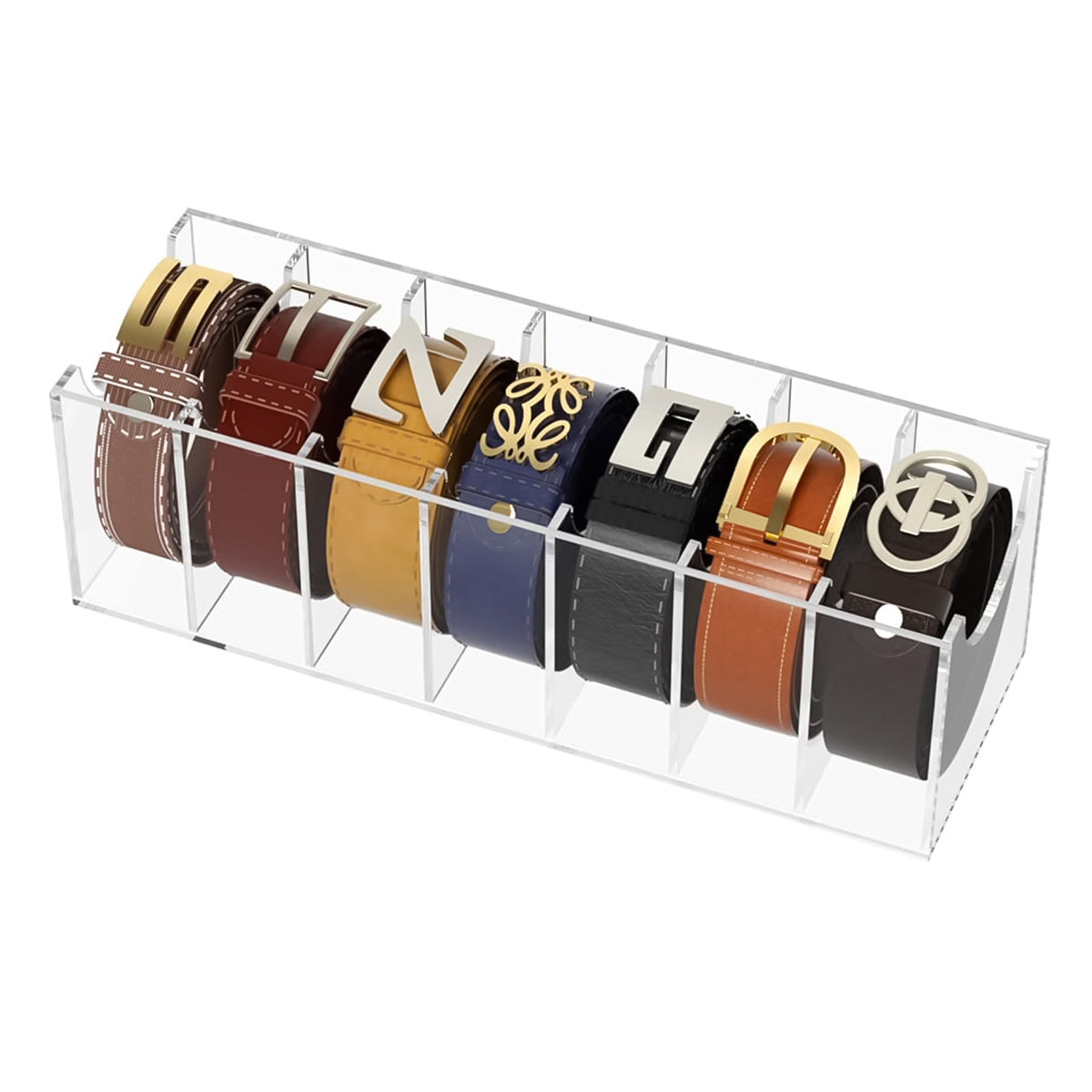 MAYCREATE Belt Organizer, Acrylic 7-Compartments Belt Container Storage Holder, Clear Belt Container Display Holder for Closet Tie and Bow Watch Jewelry Bracelets Ring Cosmetic MAYCREATE Belt Organizer, Acrylic 7-Compartments Belt Container Storage Holder, Clear Belt Container Display Holder for Closet Tie and Bow Watch Jewelry Bracelets Ring Cosmetic